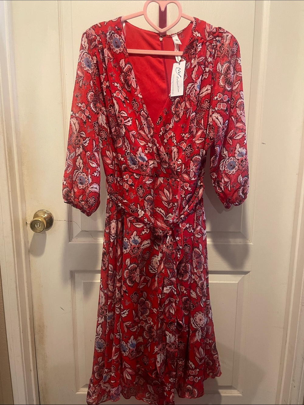 NY Collection Red Floral Wrap Dress with Tie Waist